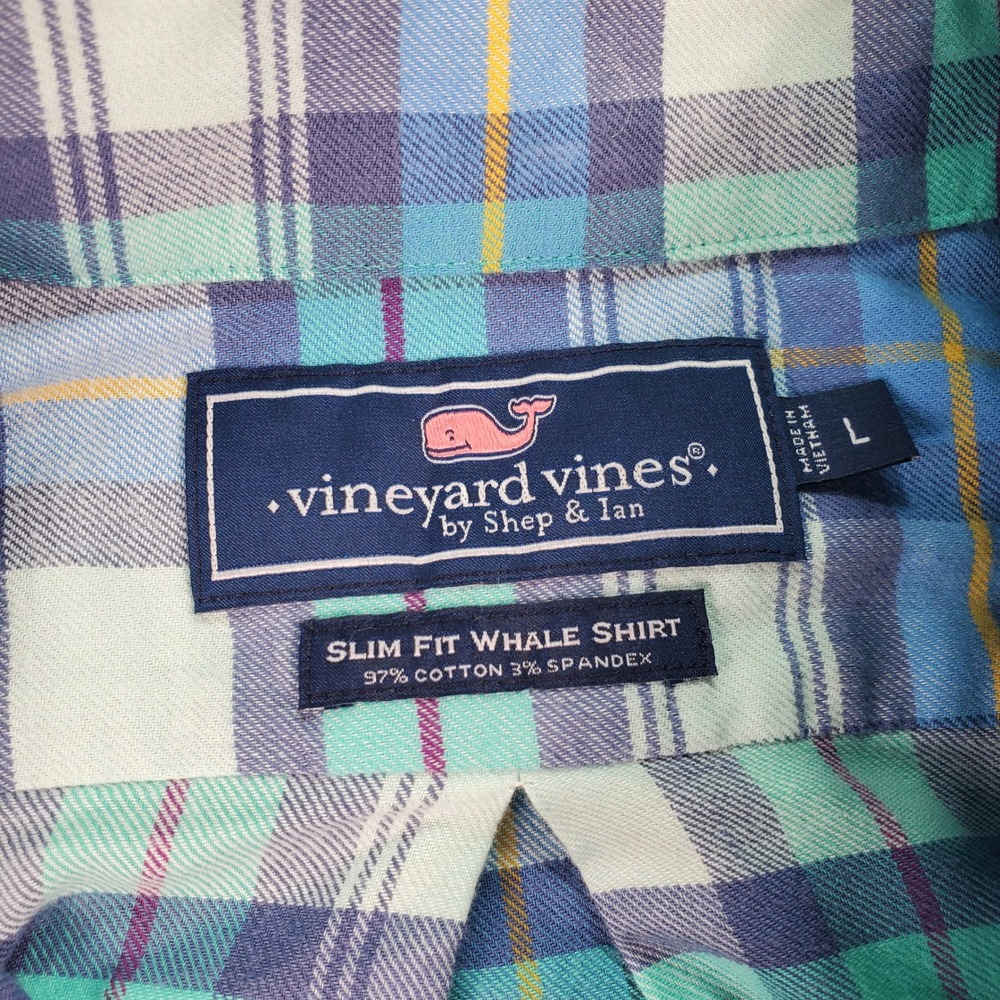 Vineyard Vines Slim Fit Whale Shirt Mens Large Blue Green Plaid Button Down L - Picture 2 of 7